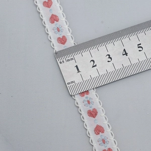 11mm floral jacquard ribbon with pink hearts and blue flowers for DIY sewing projects