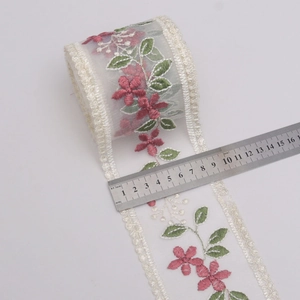 9cm white milk silk mesh lace ribbon with pink floral embroidery and wavy scalloped edges