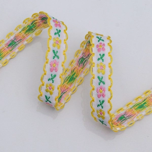 1cm floral scalloped ribbon with pink yellow embroidery for DIY sewing accessories