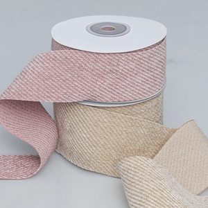 Plush corduroy velvet ribbon in pink and beige colors with twill texture for DIY crafts