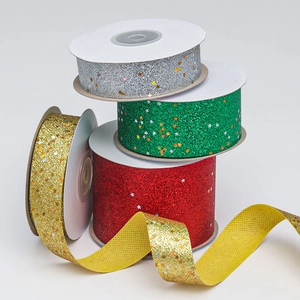 Sparkling glitter ribbon set with star sequins in gold, red, green and silver for DIY crafts
