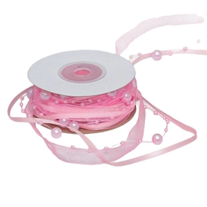 Ruban d'organza rose avec bordures en perles artificielles pour emballage cadeau