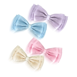 Set of four satin bow hair clips with silver rhinestones in pastel colors for DIY crafts