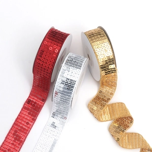 Red, silver and gold metallic square sequin ribbon trim for dance dress and DIY craft