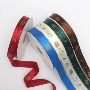 Polyester Satin Ribbon Gold Hot Stamping Fruit Pattern Decorative Webbing For Gift Wrapping DIY Craft Party Wedding Decor