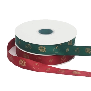 Deep green and red polyester ribbons with gold fruit prints for DIY gift wrapping