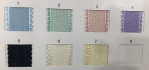Detail of scalloped edge decorative ribbons in seven assorted colors for DIY gift wrapping