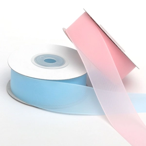 Detail of 2.5cm jelly yarn ribbons in pink and light blue for DIY gift wrapping