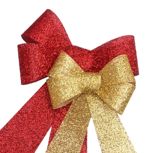 Fiocco decorativo a doppio strato glitterato rosso e oro per addobbi natalizi festivi