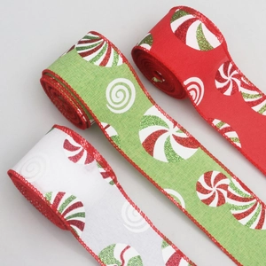 Detail of Christmas peppermint glitter faux linen ribbons in red, green and white