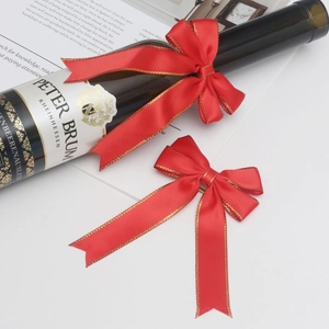Red satin bow with gold edges for gift box and wine bottle decoration set