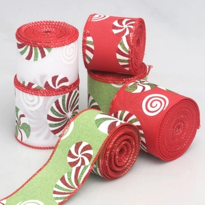 Red and green Christmas faux linen ribbons with peppermint candy prints for DIY wreaths