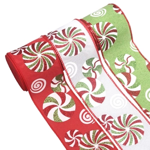 Glittery peppermint print faux linen ribbons for Christmas tree decoration and DIY crafts