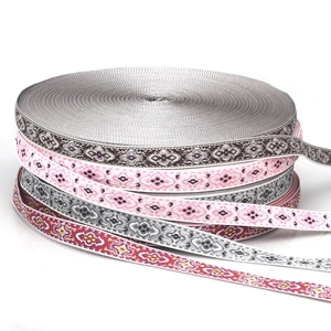 Detailed view of 1.5cm ethnic jacquard ribbons with intricate geometric patterns in various colors