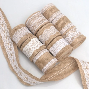 Assorted natural jute burlap ribbon rolls with white lace trim for DIY rustic wedding crafts