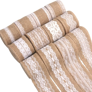 Natural jute burlap rolls with white lace trims for DIY wedding and Christmas crafts