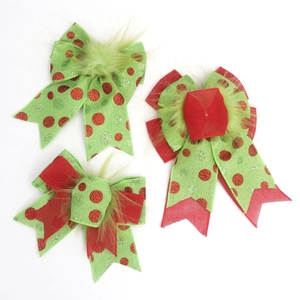 Three green and red Christmas bows with polka dots and plush center for tree decoration