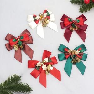 Christmas Bow Hanging Decoration With Bells And Holly Leaves Festive Satin Bowknot For Christmas Tree Gift Box Decor