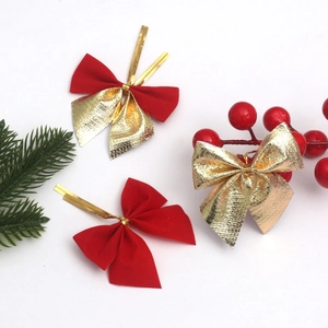 Christmas velvet and gold glitter bows with wire ties for DIY holiday scene decoration