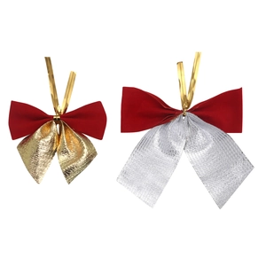 Christmas flocking bows in red and gold or silver colors for DIY holiday decor