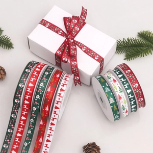 1cm Christmas grosgrain ribbon set with reindeer and tree patterns for gift DIY decor