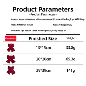 Size specifications for burgundy velvet Christmas bows in small, medium, and large sizes