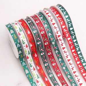 1cm Christmas grosgrain ribbons with elk and tree patterns for festive DIY gift wrapping