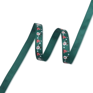 Green Christmas grosgrain ribbon with reindeer and snowflake print for DIY gifts