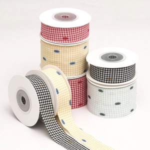 Colorful flocking polka dot houndstooth ribbons on spools for DIY sewing accessories