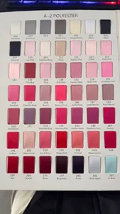 Detailed color chart showing forty-nine shades of 2.5cm polka dot polyester ribbon samples