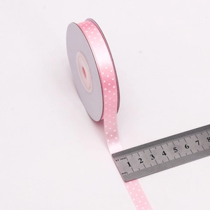 Pink 1cm wide polka dot satin ribbon roll for DIY crafts and gift box packaging bow