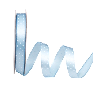 Light blue polka dot satin ribbon on spool for DIY gift wrapping and bows