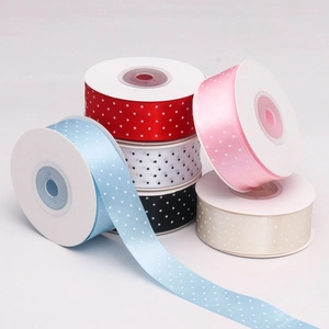 Polyester satin ribbons with white polka dots in six colors for gift wrapping