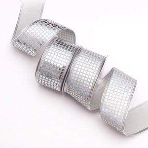 Dettaglio macro del nastro con paillettes olografiche argento e bordo metallico