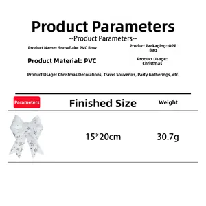 Detailed spec sheet for a white PVC Christmas bow with silver snowflake patterns