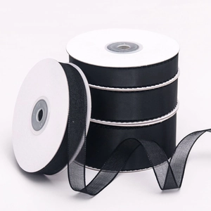 Black polyester satin and organza ribbon rolls for DIY gift wrapping and bows
