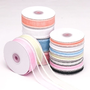 Multicolor organza ribbons with white scalloped lace edges for DIY crafts and gift wrapping