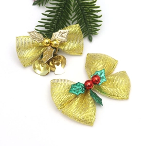 Christmas gold mesh bows with bells and red berries for DIY holiday wreaths and trees