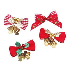 Set of 4 Christmas DIY bows with bells, cherry leaves and festive patterns on white background