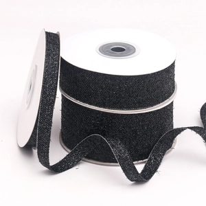 Black DIY gift ribbon with silver stripes and glitter texture for hair bows and bouquets