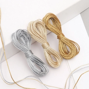 Three-pack of 1mm metallic braided ropes in silver, gold, and pale gold for DIY gift wrapping