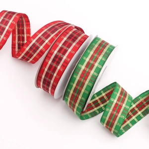 2,5 cm Weihnachtsband mit rot-grünem Karomuster und Goldglitzer für Geschenkverpackungen