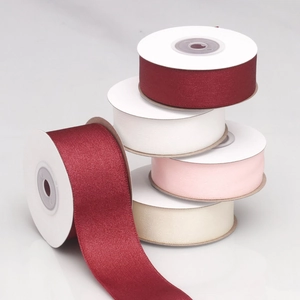 Rolls of 4cm high-gloss satin ribbon in burgundy, white, and pink for DIY gift wrapping