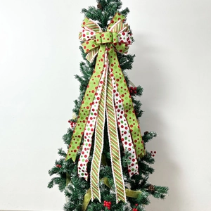 Macro detail of triple-layer Christmas bow with polka dots, stripes and faux fur edges