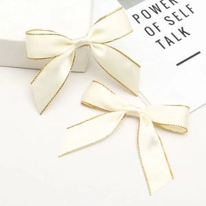 Handmade Gold Edge Satin Ribbon Bow For Gift Box Wrapping DIY Cake Decoration Cream White Bow Ornament Accessory