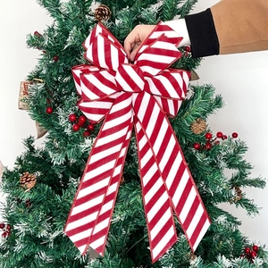 Large Christmas Tree Topper Bow Red White Diagonal Striped Faux Linen Decorative Bow For Holiday Party Wreath Ornament