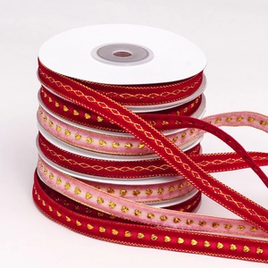 Cinta de terciopelo roja y rosa con bordado de cadena dorada en rollos blancos