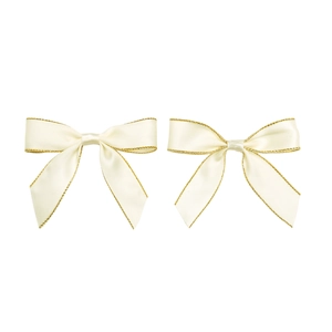 Pair of cream satin bows with elegant gold metallic edges for gift box and cake decoration