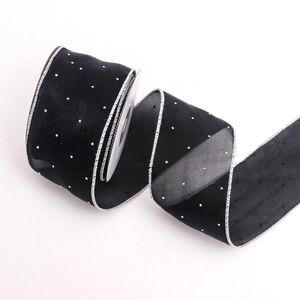 Black mesh ribbon with silver glitter dots and edges for DIY floral and hair accessories