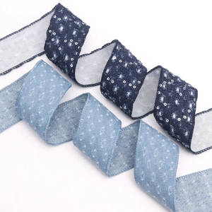 Blue sequin denim ribbon and light blue floral jacquard trim for DIY sewing crafts